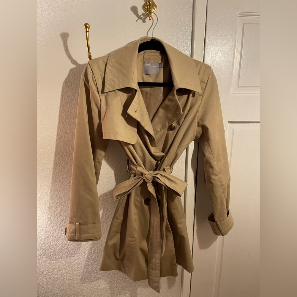 asos tan trench coat - buttons on front or string tie for waist.
